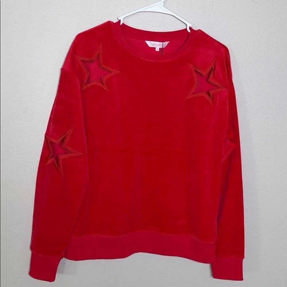 Paris Hilton The Star Crew Red Star-Embellished Velvet Tracksuit Top - Picture 4 of 11